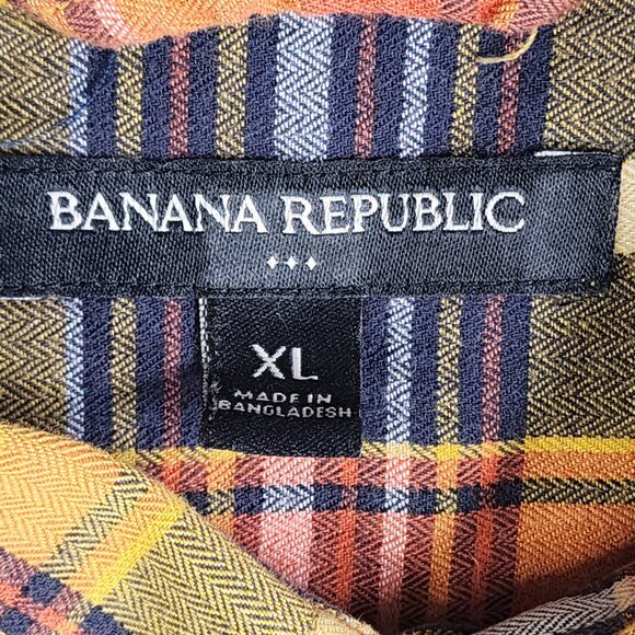 Banana Republic Men's Size XL Brownish Gold Plaid Striped Button Down Lumberjack - Picture 2 of 10